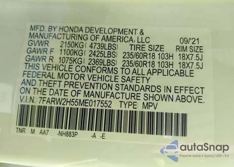2021 Honda Cr-V Awd Ex из США, поврежденный, VIN 7FARW2H55ME017552